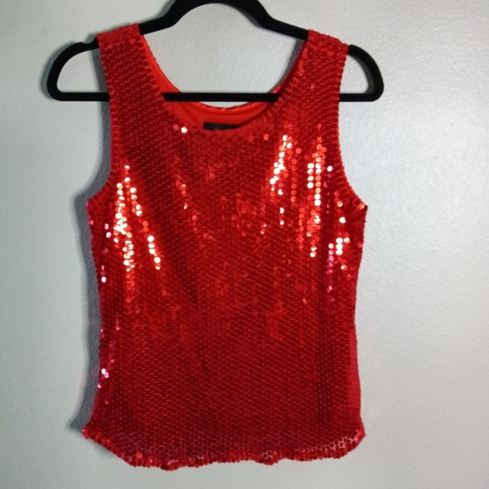 Michelle Antonelli Red Sequined Tank Top Scoop Neck Size M